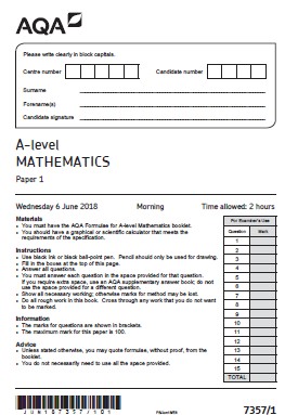 June 2018 Paper 1 A Level Mathematics